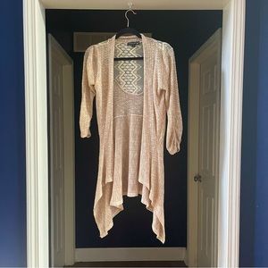 Living Doll Brown & Ivory Knitted Lace Open Front Asymmetrical Cardigan Sweater